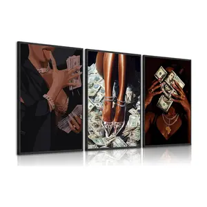 3pcs/set Trendy Black Girl Money Wall Art African American Women Pictures Wall Decor Modern Home Decor Fashion Black Woman Posters Luxury Feminine Power Painting Print Decorative Artwork for Living Room Bedroom Dorm Apartment, Unframed