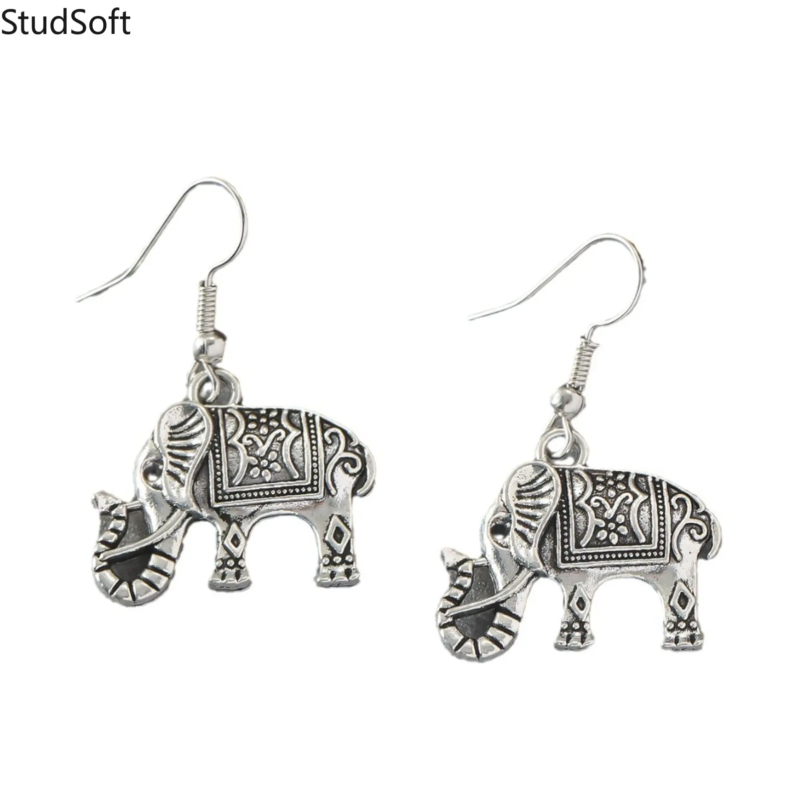 Vintage Statement Earrings for Women, Silver-Tone Boho Tribal Dangle Drop Jewelry with Elephant Motif, Drop Earrings, Casual Trendy Jewelry, Animal, Female, Ethnic, Statement Look