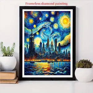 Adult Diamond Painting Kit, Starry Night City Skyline Art, Frameless Full Drill Cross Stitch, Includes Tool Set, DIY Home Wall Mosaic Decor
