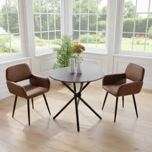 Homy Casa Fontana Mayfair 3-Piece Dining Set: Round Table with 2 Swivel Armchairs, Brown Suede Upholstery, Black Metal Legs, Modern Bistro Set for Kitchen, Dining Room, Small Spaces