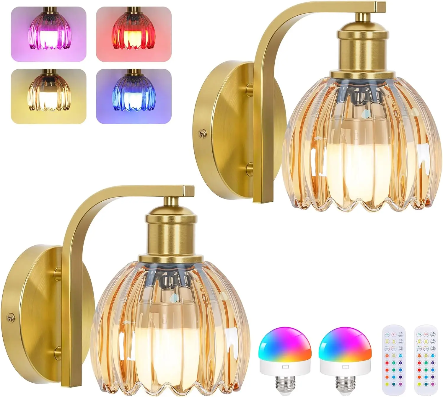 MATULSA 2-Pack Rechargeable Wireless Metal Wall Sconces, Gold Decorative Indoor Lights with Glass Shade, Adjustable Dimmable Remote-Controlled Lights for Bedroom, Hallway, Bedside (Battery Cells Included)