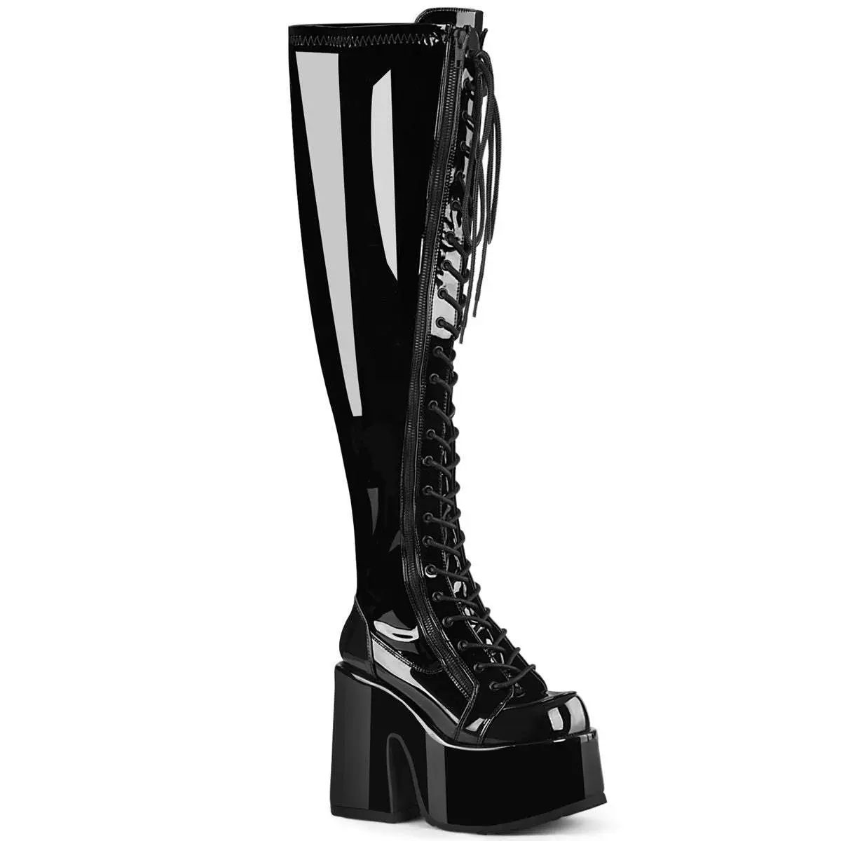 Demonia Camel-300WC Black Stretch Patent Over-the-knee Boots