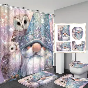 1/4pcs Dwarf Owl Print Shower Curtain Set, Includes 12 Hooks, Non-Slip Bath Mat, U-Shaped Floor Mat, Toilet Seat Cover, Bathroom Accessories