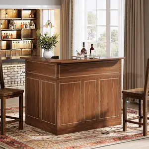LITTLE TREE  Bar Cabinet, L-Shaped Home Bar Table with Stemware Racks, 4-Tier Corner Bar Unit Liquor Wine Bar Table Reception Desk for Home Pub, Red Brown