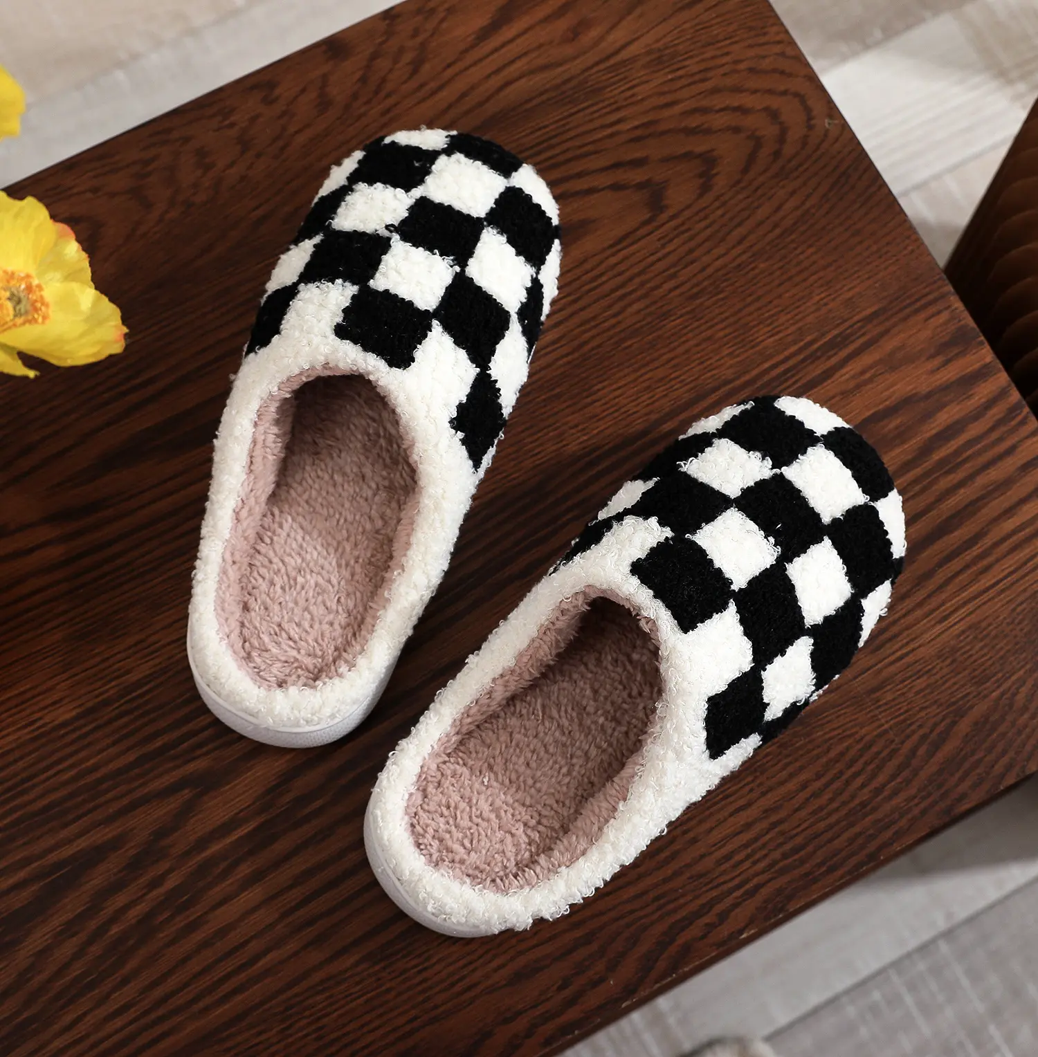 Women's Plush Slides, Black and White Checked Casual Chic Footwear, Cozy Indoor House Shoes with Memory Foam and a Non-Slip Sole, Flat Slipper, Slippers For Women, Checkered Plaid, Ankle, Tpr Rubber, Cotton Upper, Round Toe, Classic, Cute