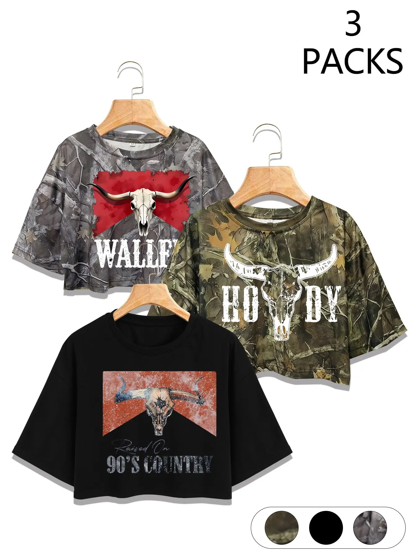 3-Pack Western Slogan Cropped Tees, Country Casual Tops, Fun Slogans & Camo Prints, Loose Fit, Perfect for Festivals & Concerts