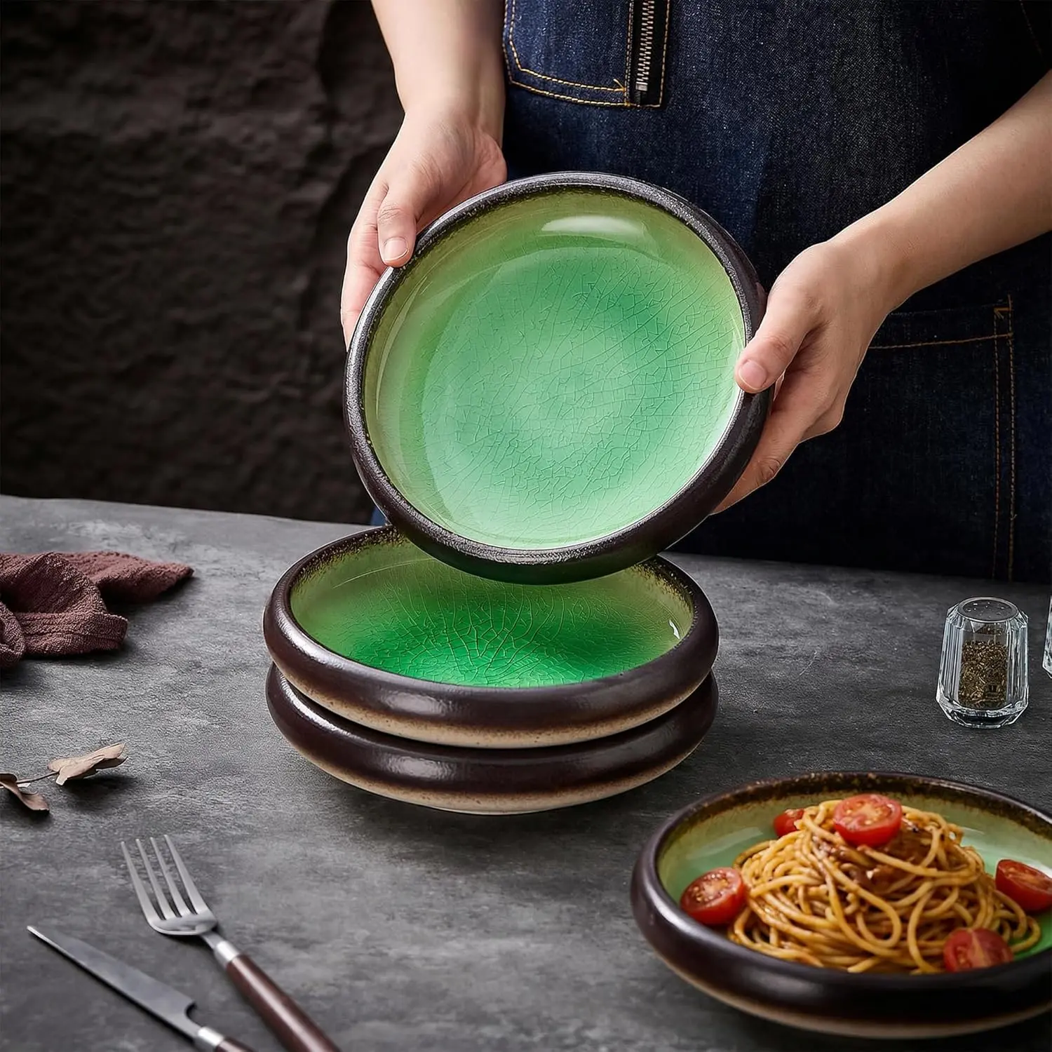 8 Inch Ceramic Pasta Bowl Set of 4, 4 Pieces Porcelain Salad Bowl Serving Plates, Stoneware Dinner Plates, Handmade Round Dishes for Home Decor, Microwave,Oven,and Dishwasher Safe summerwins