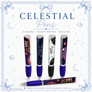 Celestial Pen Set  4 Cosmic Designs | Smooth Writing Black Ink