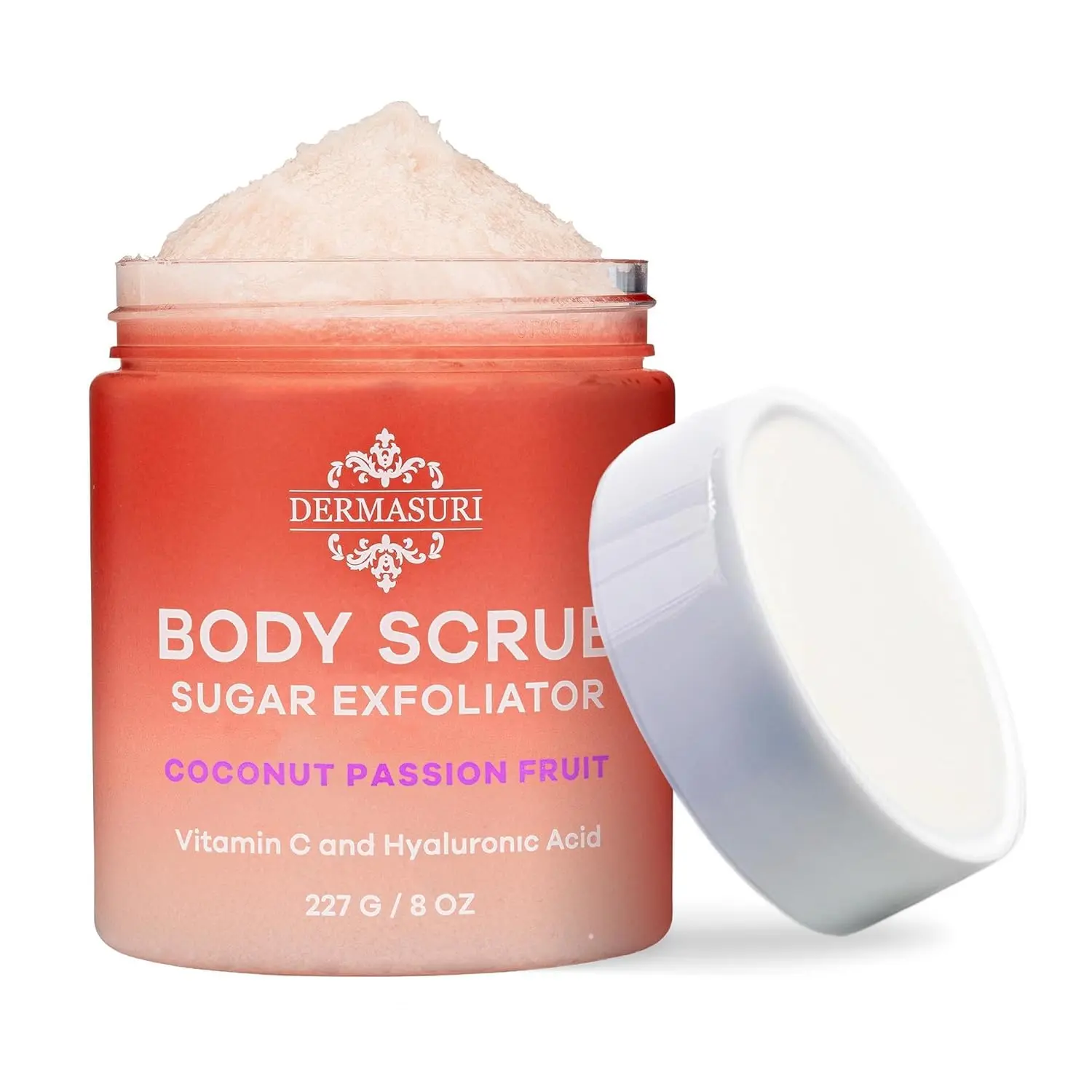 Dermasuri Paraben-Free Gentle Daily Buff Sugar Body Scrub - Shea Butter, Vitamin C, Hyaluronic Acid, Velvety Exfoliation, Deep Hydration, Light Coconut Passionfruit Scent, Anti-Aging, Long-Lasting Moisture, Radiant Glow, for Adults, Feet, 6-8.9oz, Deep Hy