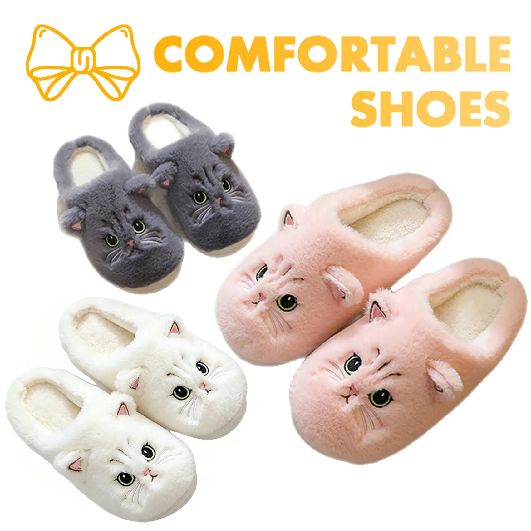 Cute Cat Face Fuzzy Slippers, Women Warm Fluffy Indoor House Slippers, Soft Cozy Plush Home Shoes