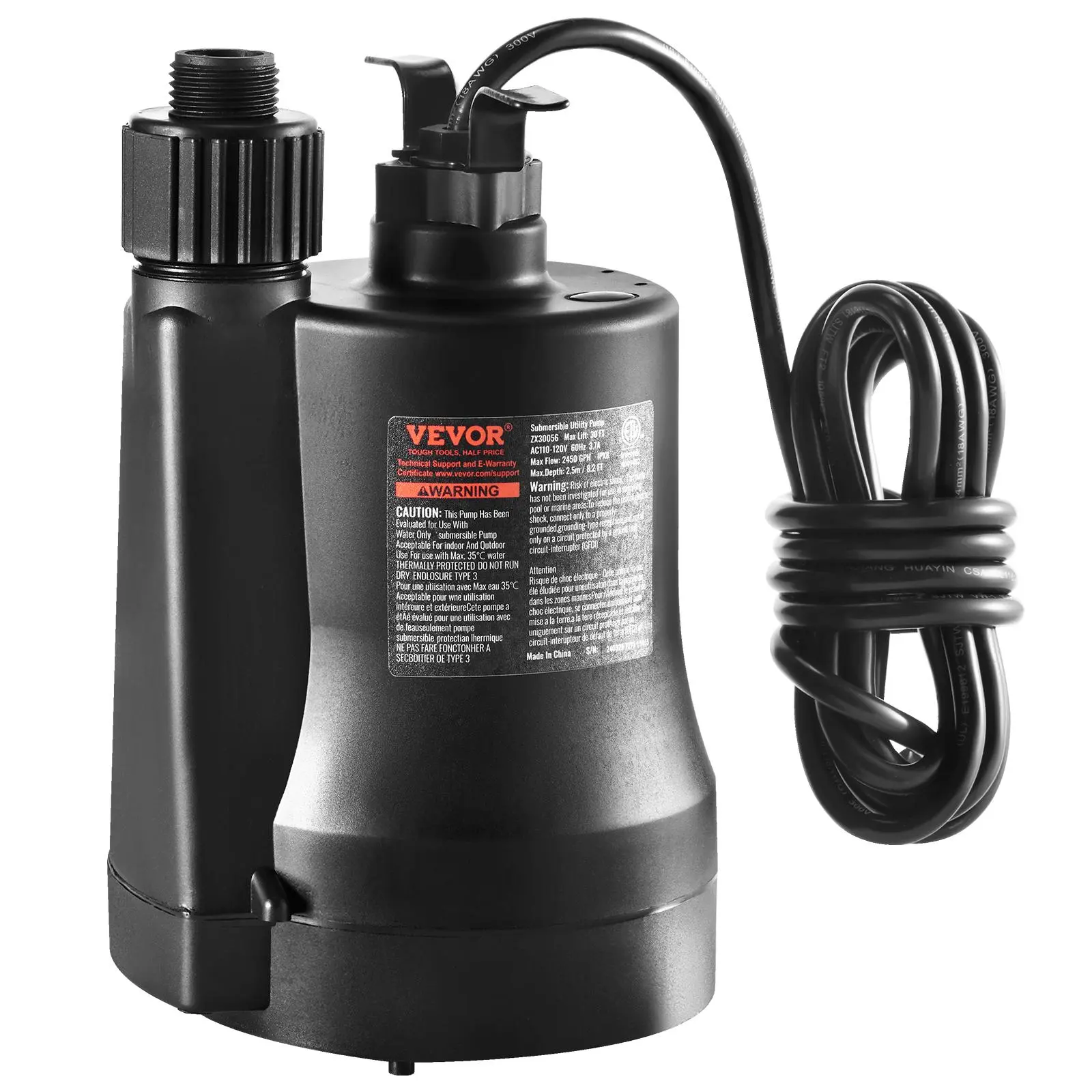 【summerfinds】VEVOR Utility Pump, 1/3 HP, 2450 GPH High Flow, 30 ft Head, Sump Pump Submersible Water Pump Portable Utility Pump with 10 ft Long Power Cord for Draining Water from Swimming Pool Garden Pond Basement