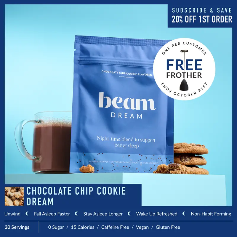 Beam Dream Sleep Support Hot Cocoa Mix – Chocolate Chip Cookie, Melatonin, Magnesium & L-Theanine, Sugar Free, Caffeine Free, 15 Calories, 20 Servings