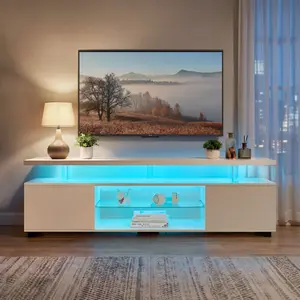 [Mother's Day Gift] Aobtkel 60-Inch TV Stand, LED Gaming Entertainment Center Media Storage Console Table with Large Side Cabinet for Living Room Apartment Decor (White) On-Site#Summervibes