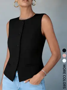 Women's Fashion High-Quality Chic Elegant Lightweight Basic Solid Color Button Vest Jacket, Professional Commuter Style Open Front Design, Fake Pockets & Tank Top Shirt