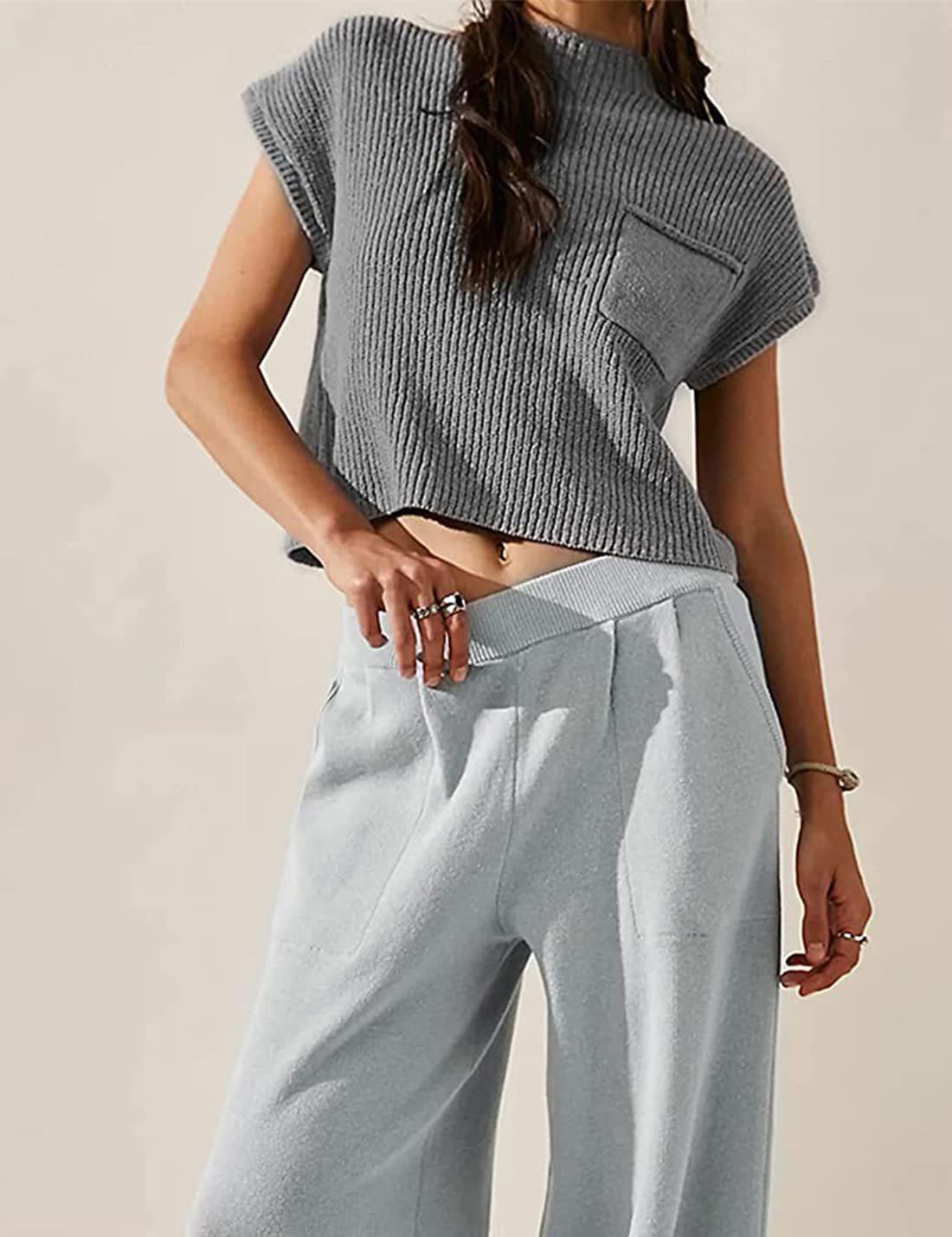 Women's Knitted Sleeveless Pocket Casual Rib Pullover Vest