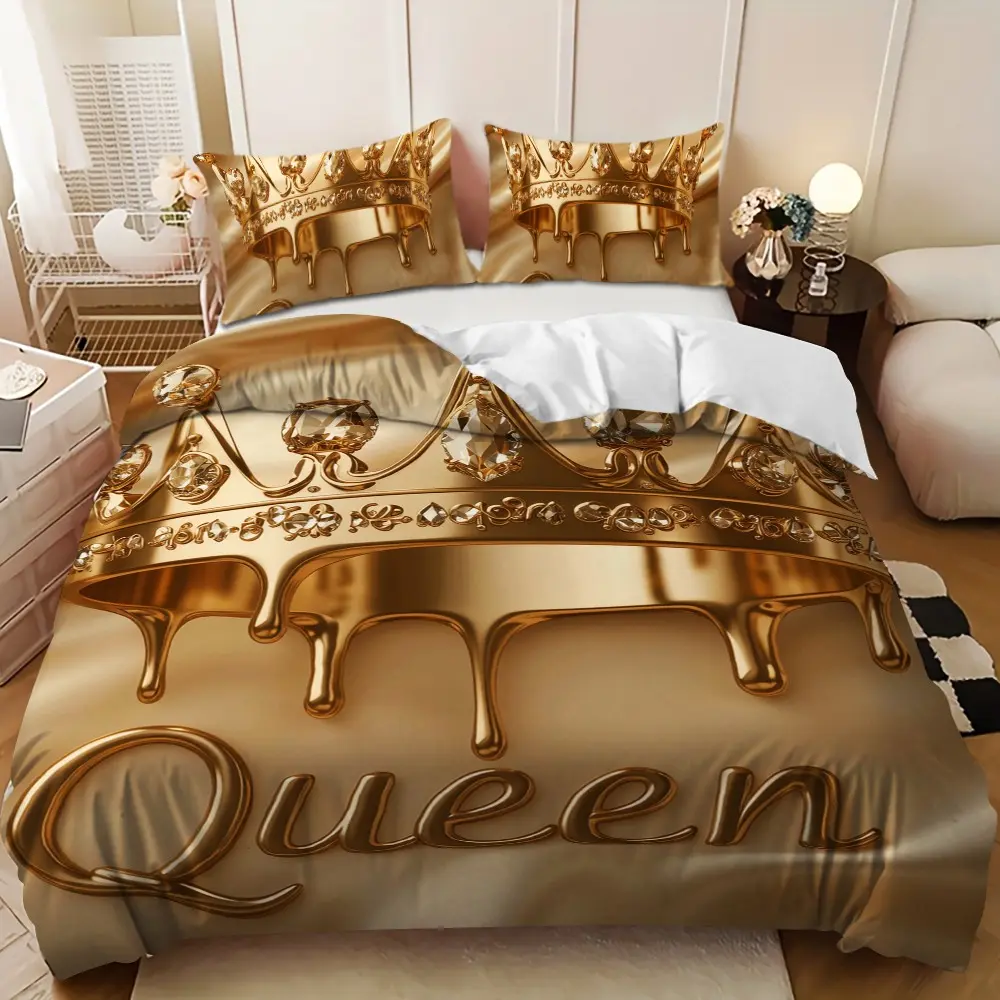Bedding 3-piece set - 3PCS,Gold Brown Satin Queen Crown Design Down Comforter Set (1 comforter cover + 2 pillowcases, filling not included) - soft and comfortable, suitable for family bedrooms, Comfy Bedding Set, Bedding Quilt Set