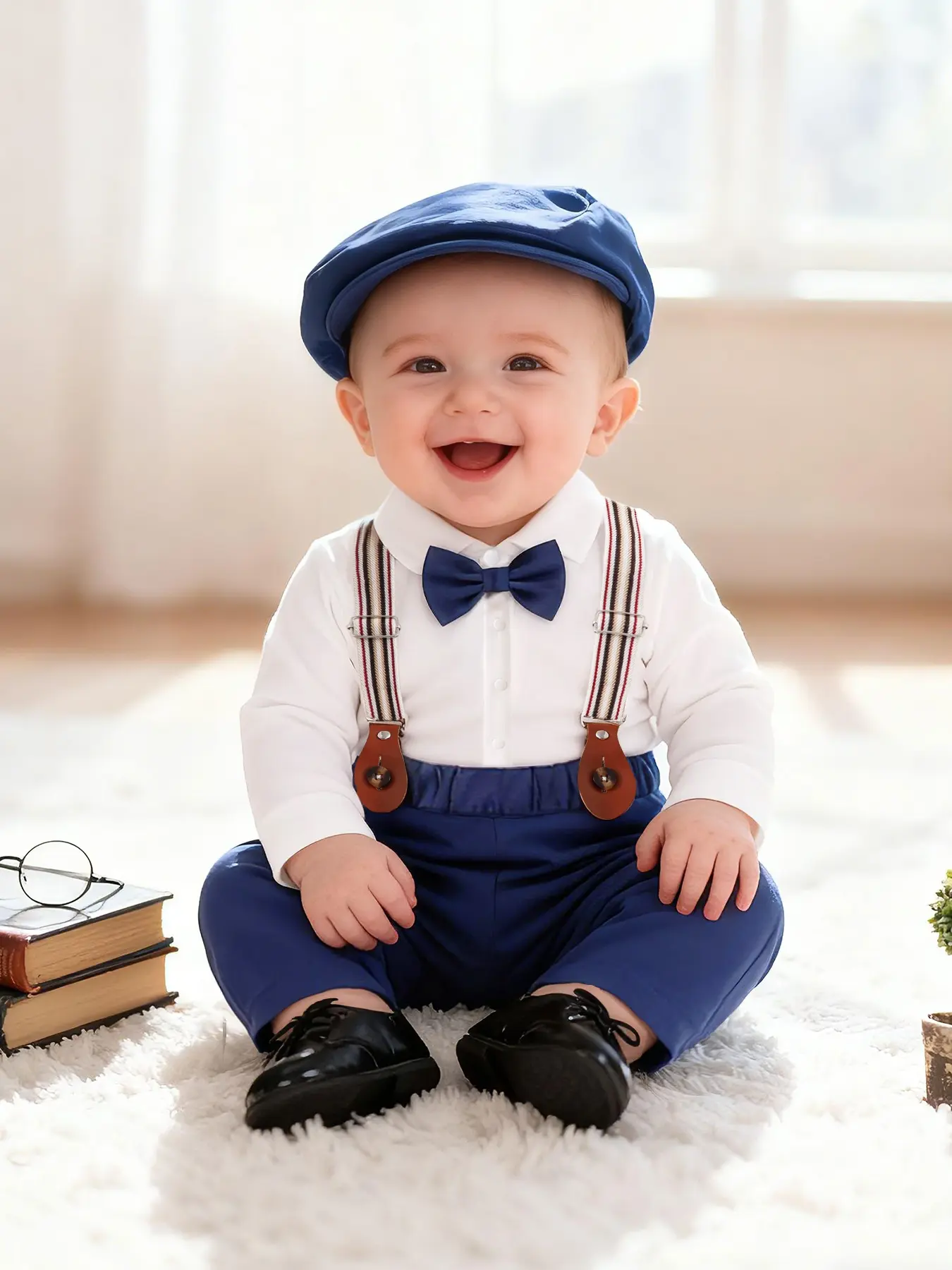 Baby Boy Suit Set, Gentleman for First Birthday Party, Shirt Bow Tie Suspender Pants Hat, Formal Baby Clothing, Gift Set