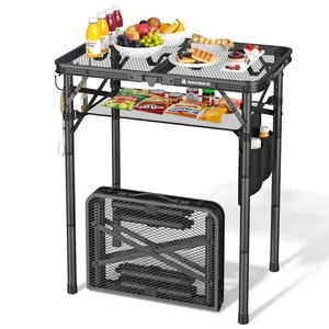 Summer Camping Must-Have | 3-Height Adjustable Folding Grill Table | Portable & Heat-Resistant Metal Table with Storage Bag