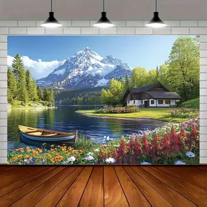 1pc Artistic 2D Flat Print Landscape Backdrop, Summervibes Mountain Lake Scene with Wooden Cabin, Frost-Covered Peaks, Colorful Floral Banks, Reusable for Home Decoration, Photo Shoots, Photo Booth Display