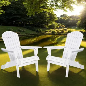Folding Adirondack Chairs Set of 2, Solid Wood All-Weather Outdoor Patio Chairs for Deck, Garden, Pool, Beach, Fire Pit (White) Ergonomic