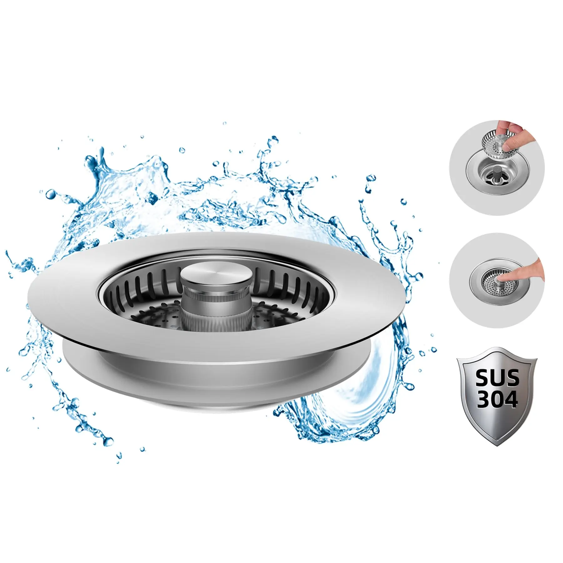 Hibbent All-Metal 3-in-1 Kitchen Sink Strainer & Stopper Combo - Brushed Nickel, Folding Handle, Anti-Clogging Stainless Steel Basket, Push Down Drain Plug Accessory, Easy Install, 2.76"-3.38" Fit for 3-1/2" US Standard Drain, Mesh Screen, Cafeteria Use