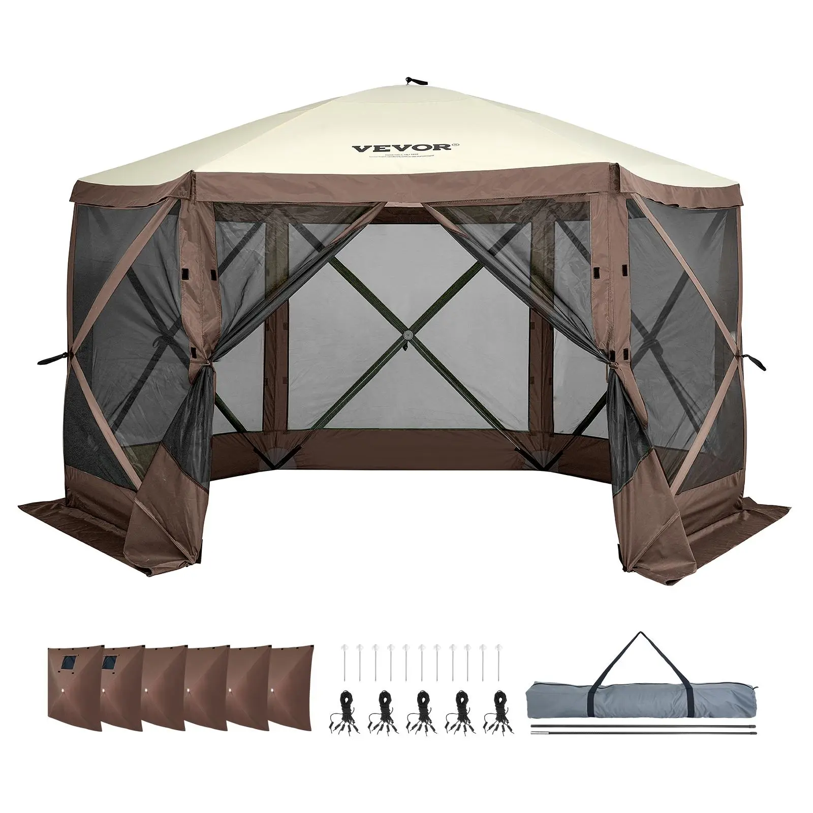 【summerfinds】VEVOR Pop Up Gazebo Tent, Pop-Up Screen Tent 6 Sided Canopy Sun Shelter with 6 Removable Privacy Wind Cloths & Mesh Windows, 11.5x11.5FT Quick Set Screen Tent with Mosquito Netting, Brown