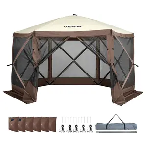 VEVOR Pop Up Gazebo Tent, TikTokShopBlackFriday, Pop-Up Screen Tent 6 Sided Canopy Sun Shelter with 6 Removable Privacy Wind Cloths & Mesh Windows, 11.5x11.5FT Quick Set Screen Tent with Mosquito Netting, Brown