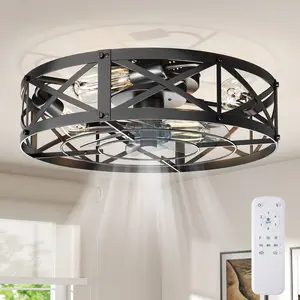 Farmhouse Flush Mount Caged Ceiling Fans with Lights, Fandelier Rustic Low Profile Ceiling Fan with Light and Remote, Small Bladeless Ceiling Fans with Lights for Kitchen, Bedroom