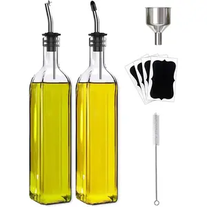 Leaflai Olive Oil Dispenser Bottle, 2 Pcs Glass Olive Oil Dispenser and Vinegar Dispenser Set with 2 Stainless Steel Pourers, 4 Labels,1 Brush and 1 Funnel Oil Bottles for Kitchen (500Ml)