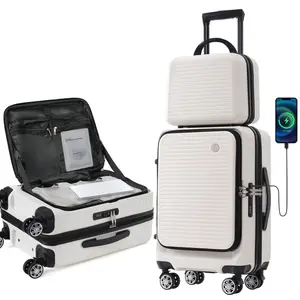 Premium Luggage with Charger 20 Inch Carry-on ABS Hard Shell Lightweight Suitcase Open Front Pocket USB Port TSA Lock 360° Spinner Wheels
