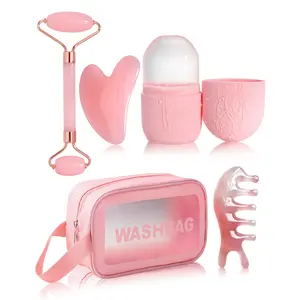 5pcs Face Skin Care Ice Facial Roller Set, Silicone Ice Mold, Facial Massage Tools, Clear PVC Storage Bag, Roller Massager & Gua Sha Board