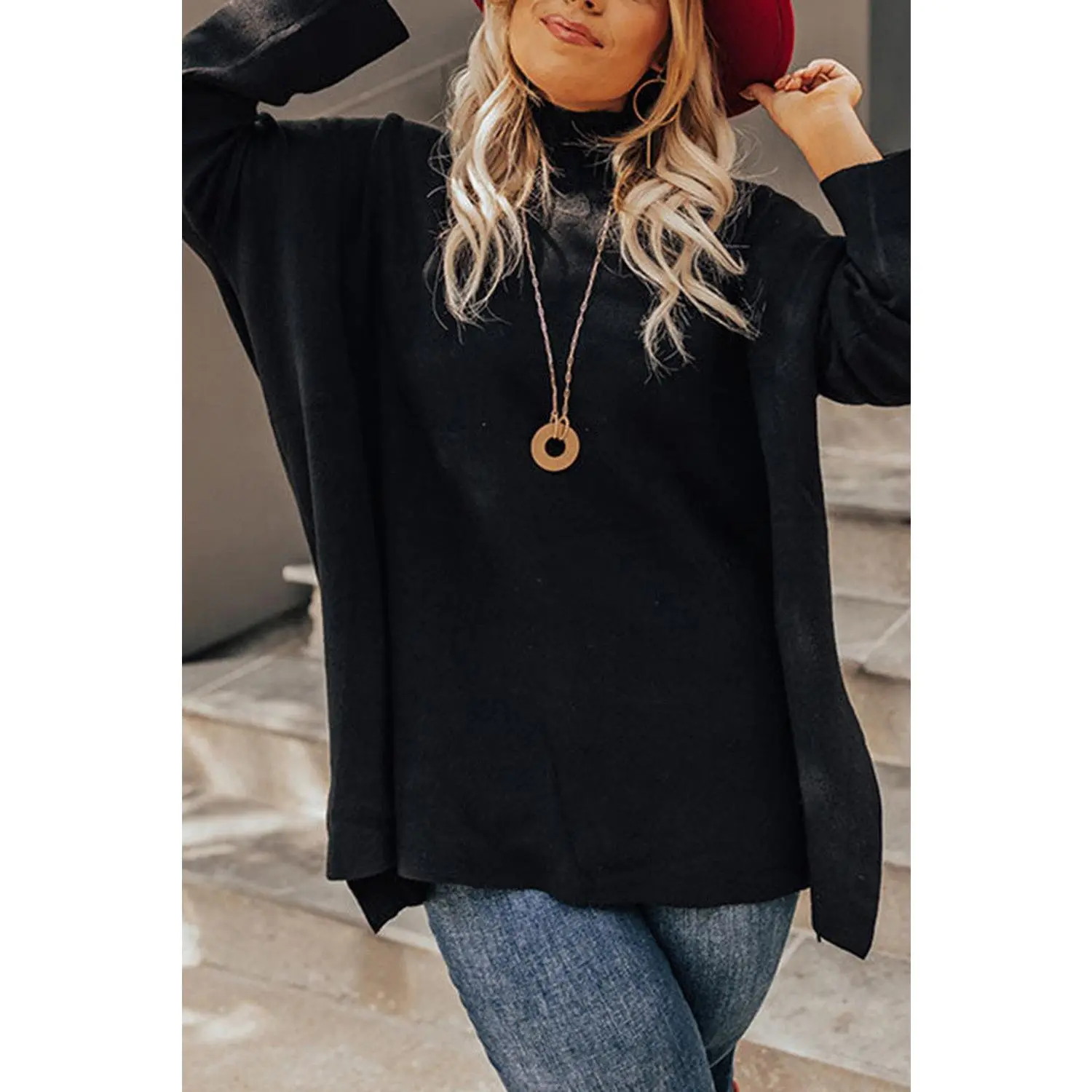 Black Plus Size Side Slits High Neck Loose Sweater