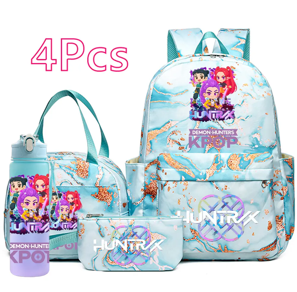 4PCS K-Pop Demon Hunters School Backpack Set 2026 – Rumi, Mira, Zoey, Aira, Luna, Yuna, Huntrix & Saja Boys Anime Backpack with Lunch Bag, Pencil Case & Water Bottle