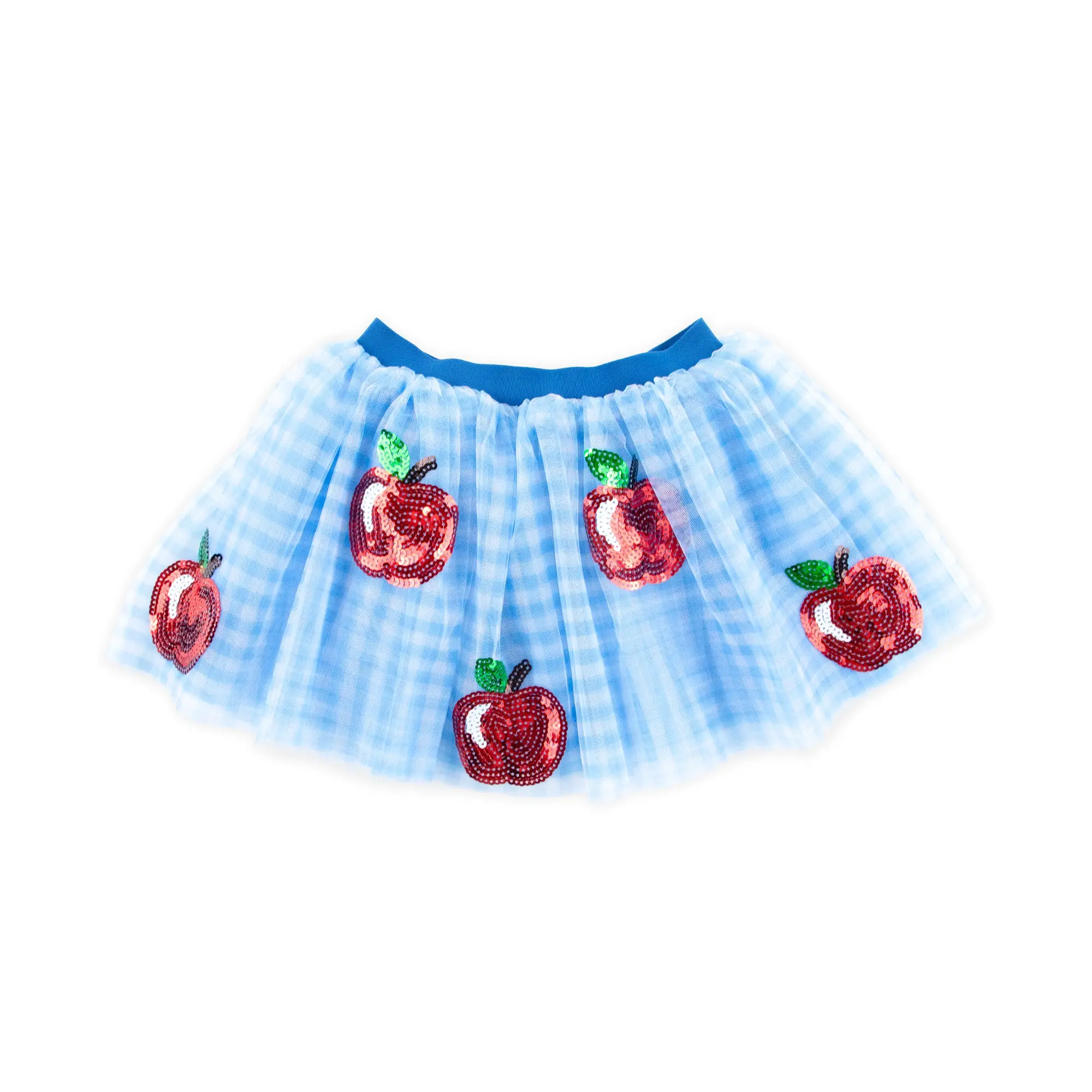 Apple Sequin Tutu Skirt - Fun Girls Blue Gingham Tulle for Back to School & Fall