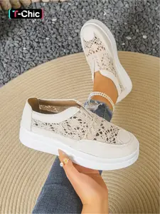 Women's New Spring/Summer Lace Hollow Breathable Thick-Soled Slip-On Daily Comfortable Versatile Commuting Casual Loafers Walking Shoes