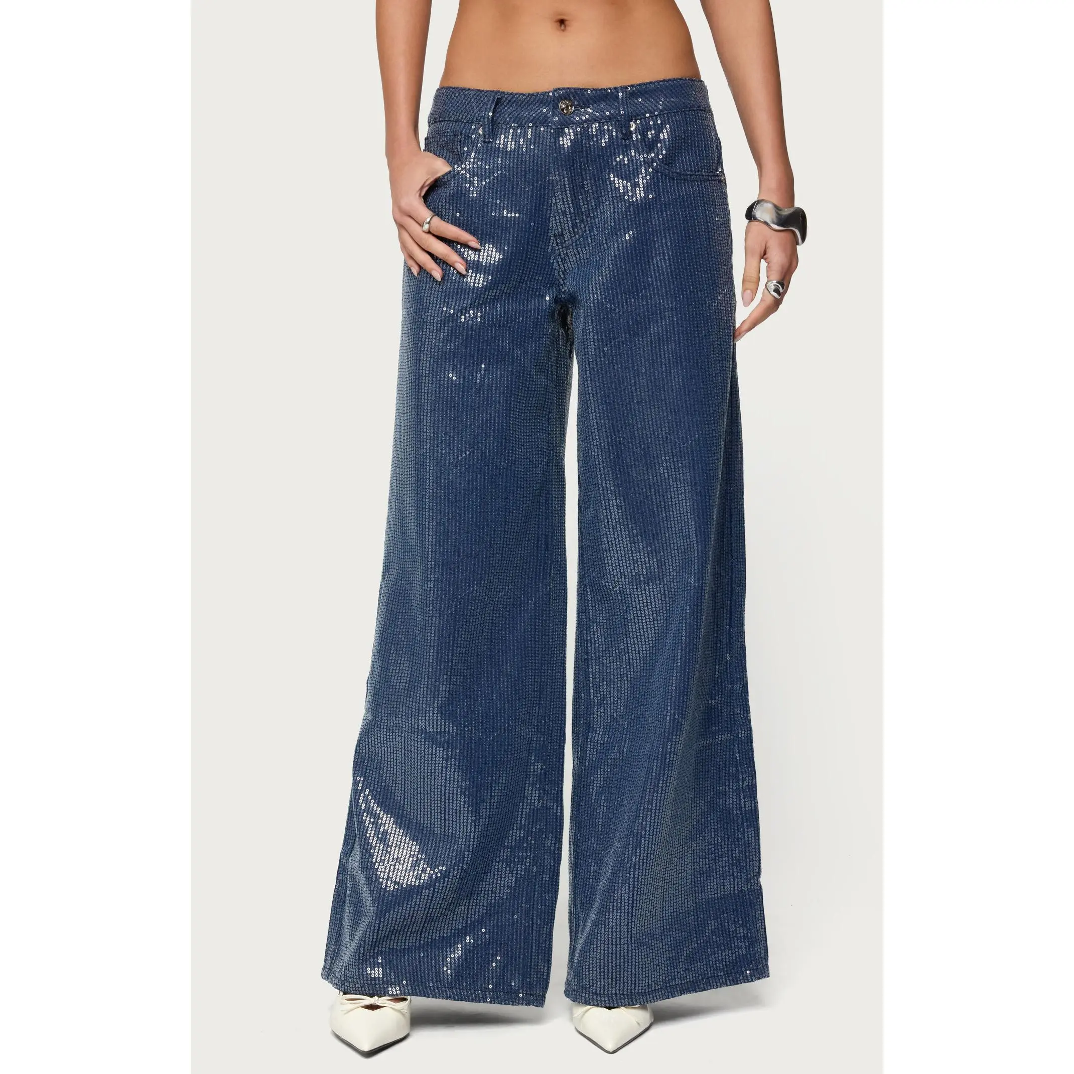 Edikted Women's Mirella Sequin Low Rise Baggy Jeans