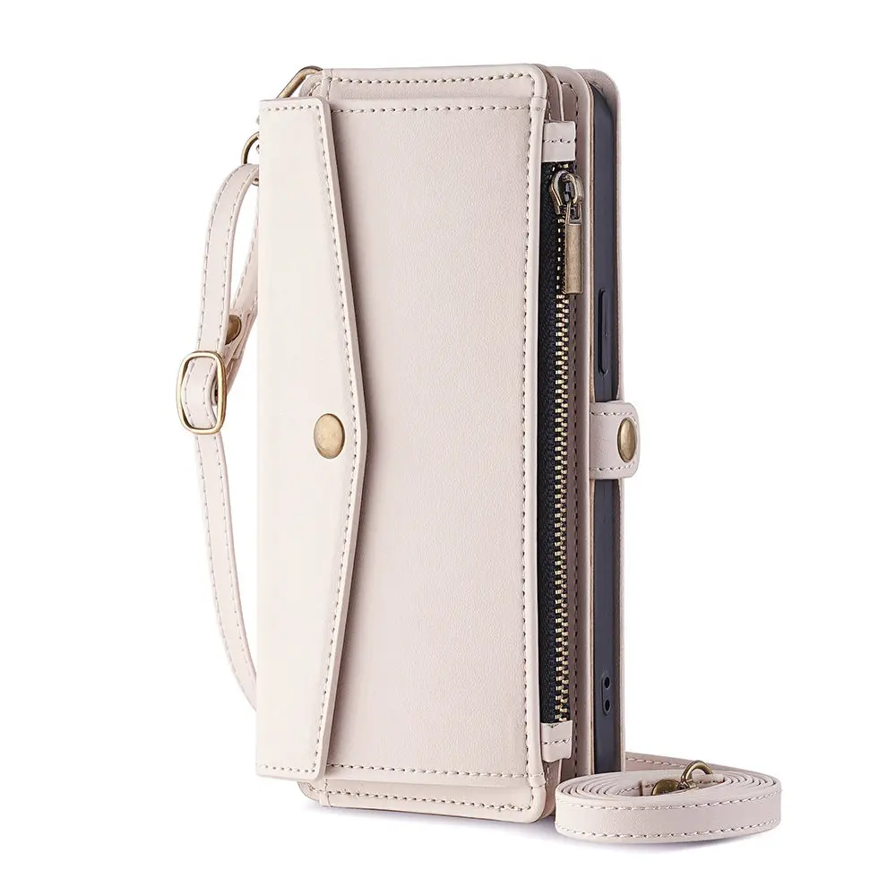 Women's Multi-Functional Zipper Pocket Flip Leather Casing for iPhone 12/13/14/15/16/17 Pro Max - Smartphone/Cellphone/Handheld Devices Cover with Card Holder, Crossbody Wrist Strap, Shockproof Full Body Drop Protection, Kickstand, Protector