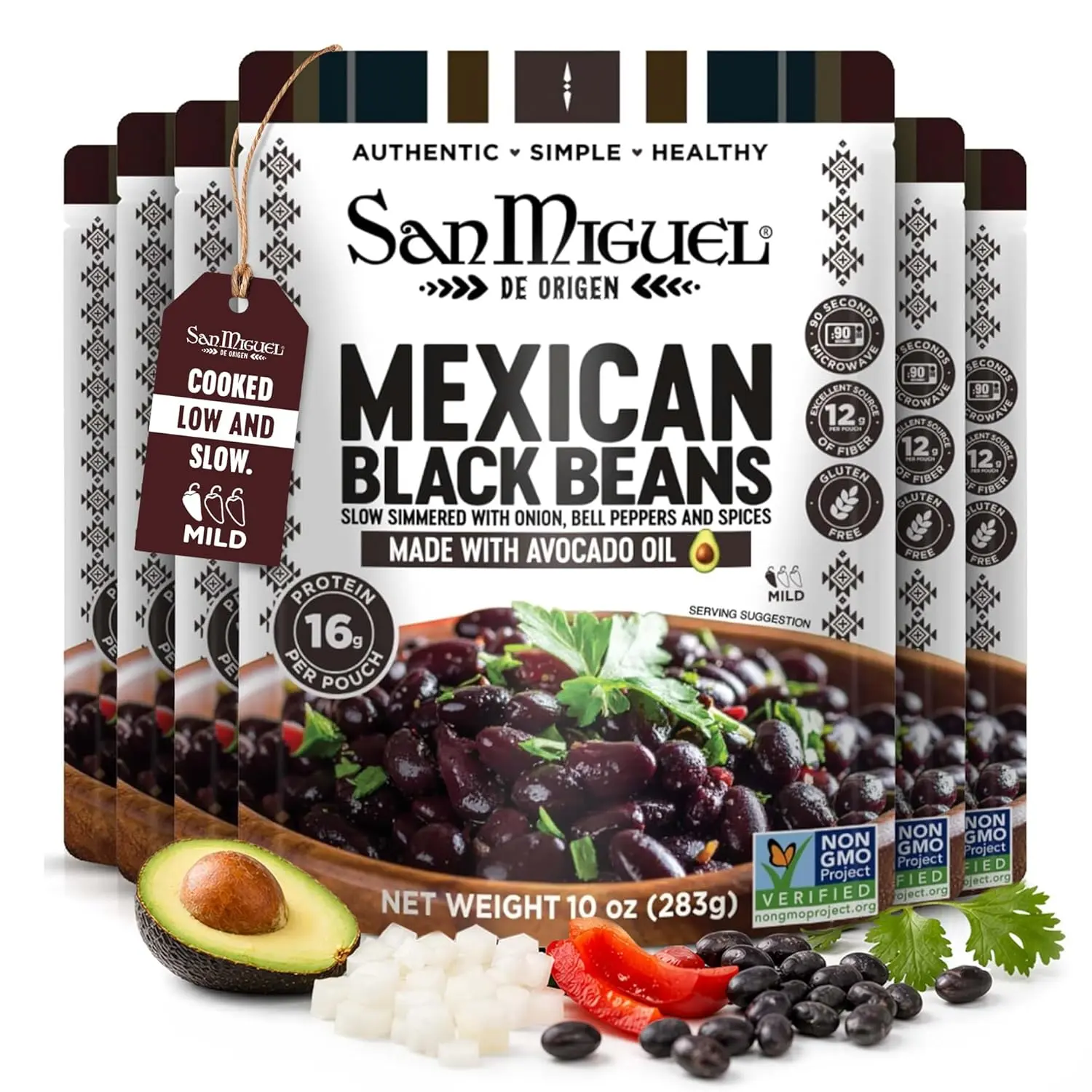 San Miguel de Origen 16g Plant-Based Protein Mexican Black Beans Ready to Eat with Avocado Oil, Pantry Food, Good Source of Fiber, Microwavable Meals, Packaged Food, Non-GMO, Ready in Seconds, 6-Pack (10 oz Each)