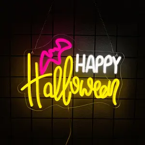 Happy Halloween Neon Sign Bat Light Up for Bedroom Home Bar Halloween Decor Trick or Treat Party Backdrop