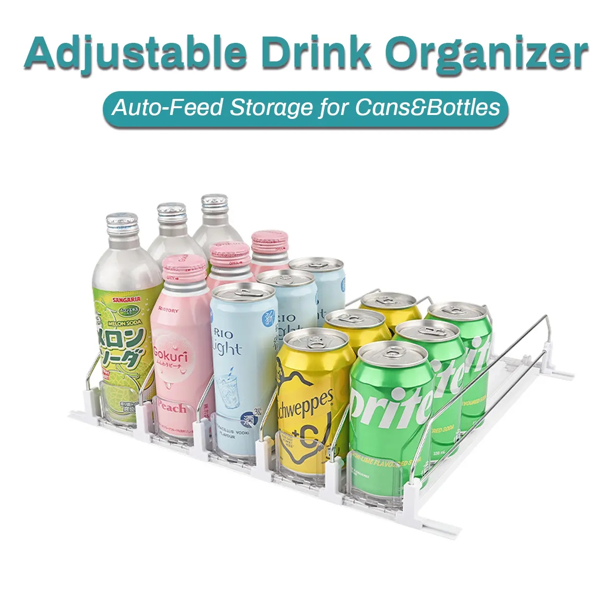 Adjustable Drink Organizer for Fridge, Automatic Self-Pushing Beverage Dispenser for Cans and Bottles, Refrigerator Soda Storage Rack