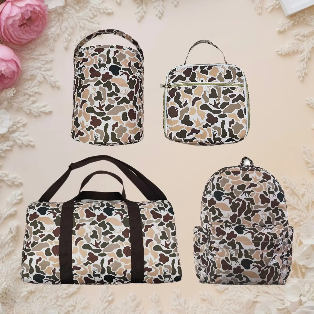 Unisex Foldable Adjustable Large-Capacity Deer Hunting Camouflage Versatile Backpack Set - Duffles-Included, Kids' & Adults' Gym Bag, Large-Capacity Multi-Pocket Bag, Backpack Backpacks