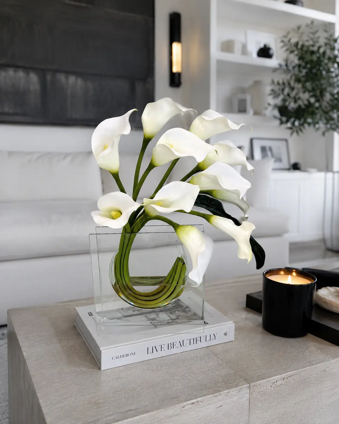 WHITE CALLA LILY ARRANGEMENT IN MODERN GLASS VASE