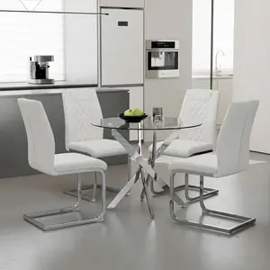 High-Back Dining Chairs Set of 4, Modern PU Leather Kitchen Chairs with Silver Metal Legs, Ergonomic Support for Dining Room & Small Space, Easy Clean White