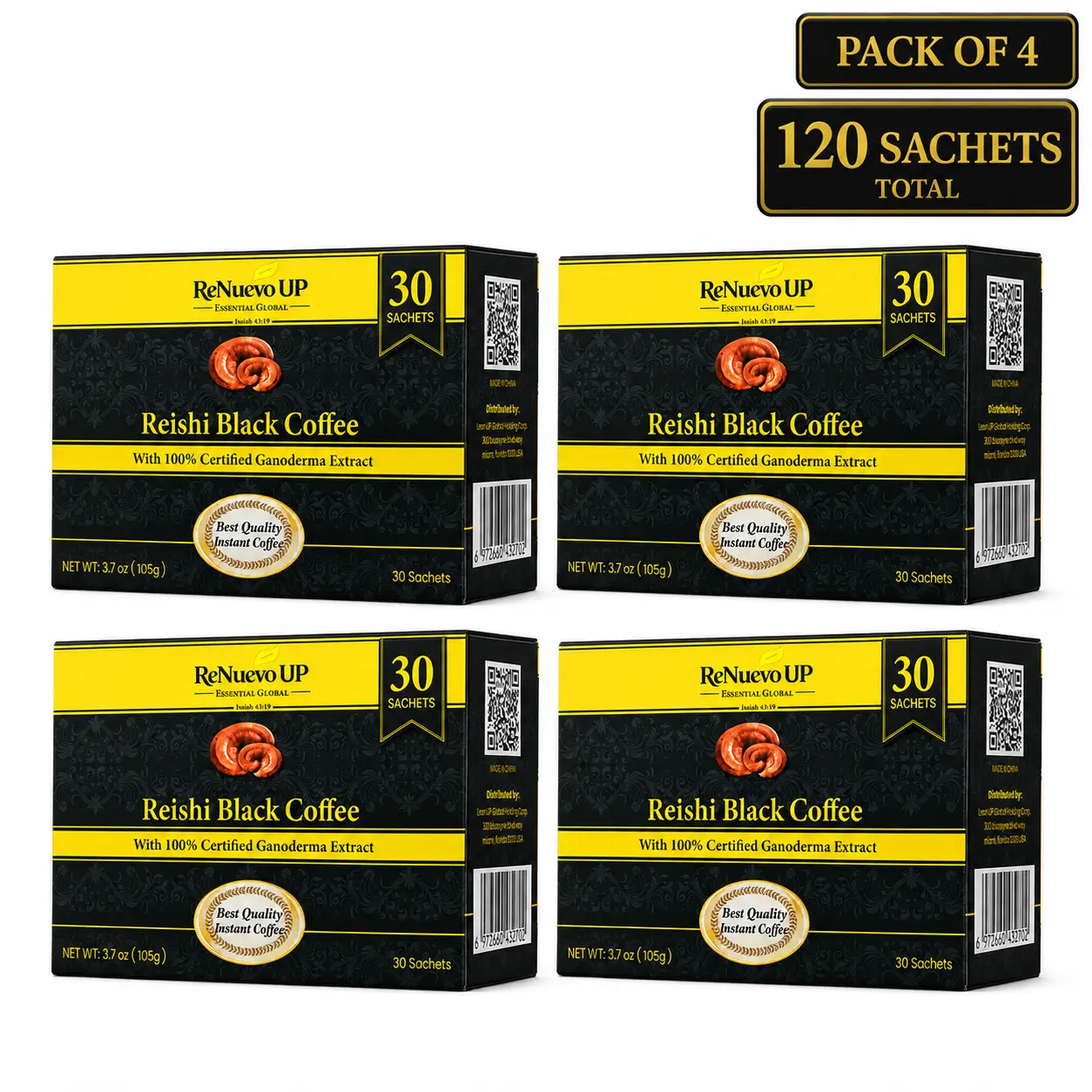 ReNuevo UP Reishi Black Mushroom Coffee with Ganoderma Extract, Pack of 4 Boxes, 120 Single-Serve Sachets, 14.8 oz (420 g)