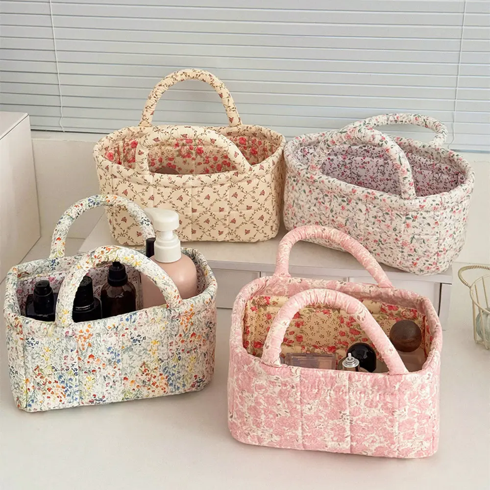 Square Floral Quilted Light Polyester Storage Basket with Handle - Washable, Divided Space Farmhouse Home Decor Organizer for Aesthetic Lovers, Portable Bathroom Vanity Cosmetic Tote