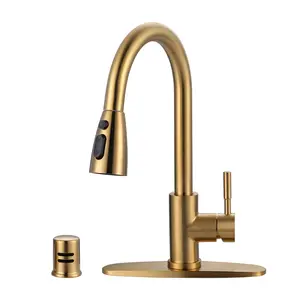 WOWOW Kitchen Faucet with Air Gap: Stainless Steel Kitchen Sink Faucet and Dishwasher Air Gap Kits for Kitchen Sink 2 or 4 Hole, Brushed Gold Kitchen Faucet Combo with Sprayer