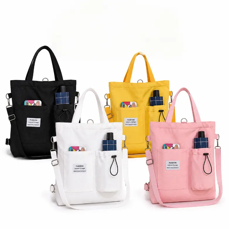 Korean Canvas Tote Bag Letter Print Vertical Square Handbag with Multiple Straps Cotton Lining Daily Crossbody Bag