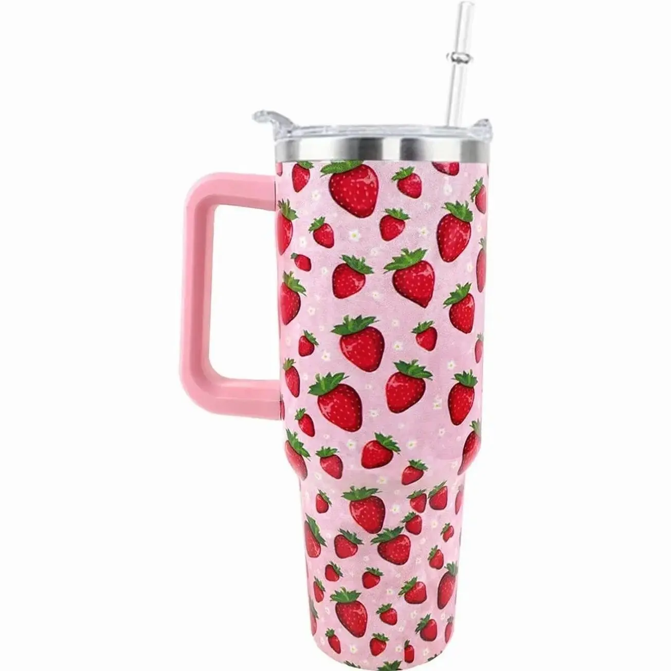 40 oz Stainless Steel Strawberry Traveler Tumbler - Leak-Proof Reusable Water Bottle, Portable Insulated Kitchen Drinkware with Handle, Straw Lid, for Hot/Cold Beverages, Women's Birthday Gift, Reusable Coffee Cup, Insulated Water Bottle, Water Bottles