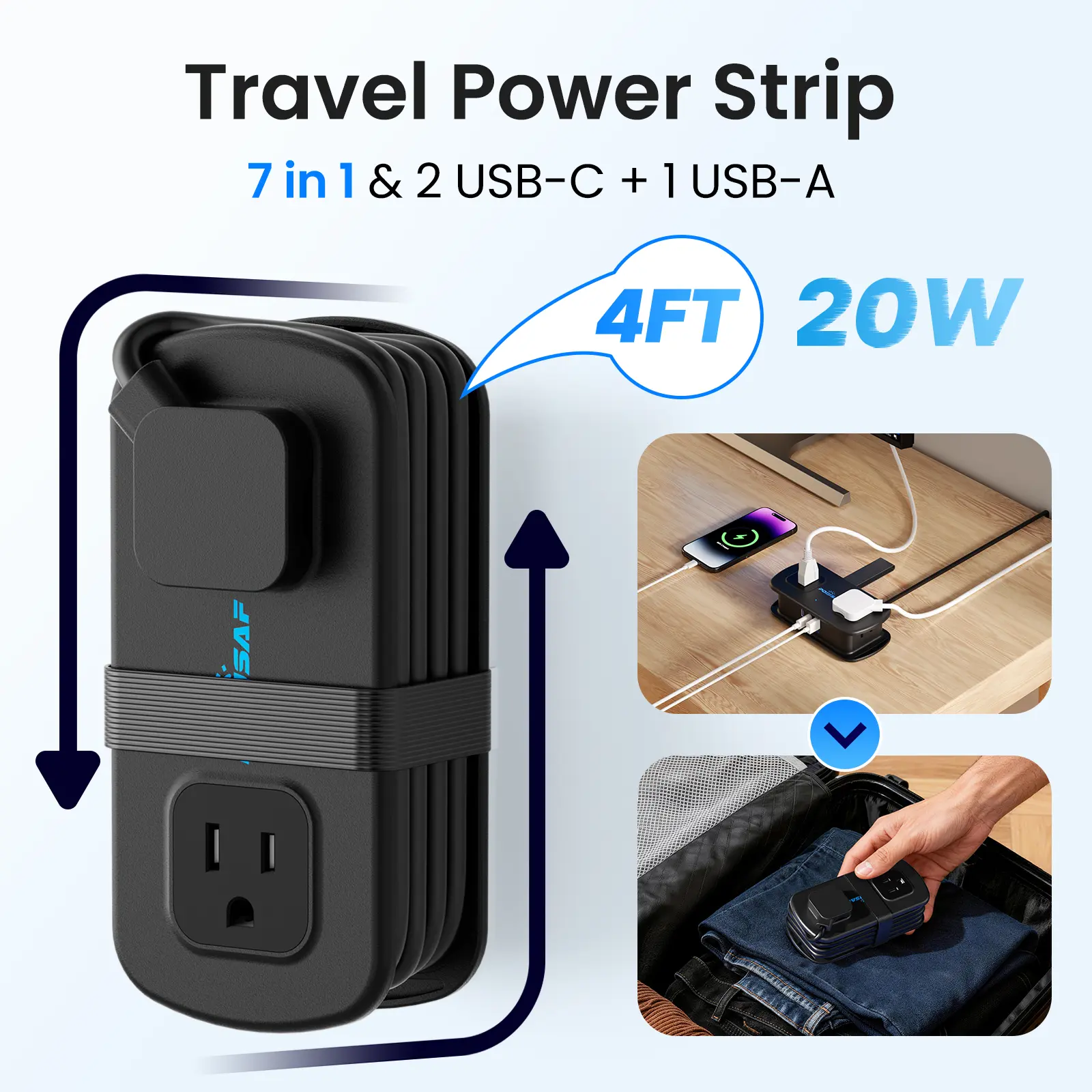 POWSAF 4 Ft Travel Power Strip - 4 Outlets & 3 USB Ports (2 USB C) Non Surge Protector, ETL Listed White Traveler Fast Charger, 3-in-1 Multi-Port Plugs for Cruise Ship, Hotel Room, Home Office