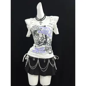 Subculture Vintage Short Sleeve T-Shirt Slash Collar Women Streetwear  Retro Letter Print Top Casual Patchwork Summer